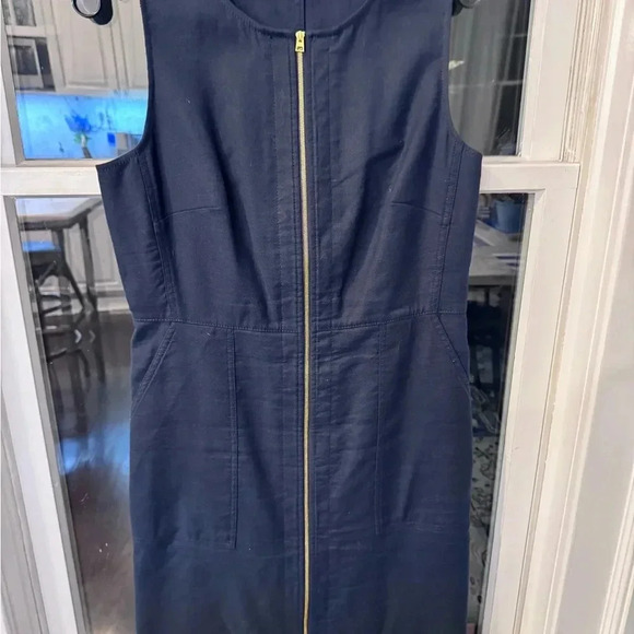 Diane Von Furstenberg Zip Front Dress Cotton Linen Blend Navy Blue Sz 10 - Picture 3 of 11